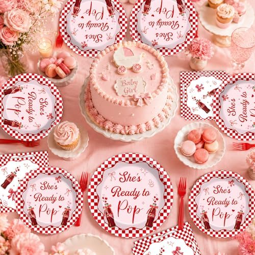 96 PCS She's Ready to Pop Party Paper Plates and Napkins Red White Checkered Bow Soda Pop for Baby Shower Gender Reveal Newborn Party SuppliesBirthday Gatherings Decorations - Image 7