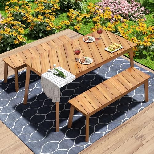 Harper & Bright Designs GO 3 Pieces Acacia Wood Table Bench Dining Set for Outdoor & Indoor Furniture with 2 Benches, Picnic Beer Table for Patio, Porch, Garden, Poolside, Natural by HarperBrightDesigns