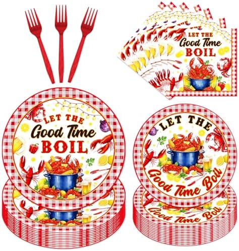 Gameza Seafood Boil Party Supplies - 96PCS Seafood Boil Party Plates and Napkins Forks Tableware Disposable Set, Crawfish Crab Shrimp Summer Birthday Decor Supplies, Serve 24 by GAMEZA
