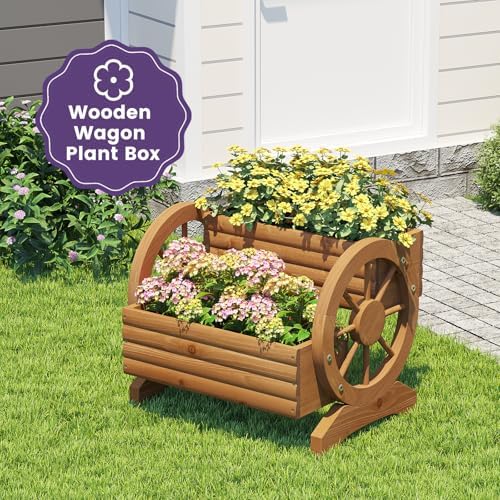 Wooden Wagon Planter Box, Standing Garden Planter, Decorative Outdoor Container,Coffee - Image 6