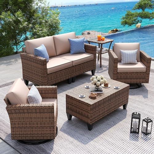 UDPATIO Patio Furniture Set, 5 Pieces Outdoor Furniture Sets with Rocking Swivel Chairs, Wicker Rattan Patio Conversation Set with Storage Table and Waterproof Covers for Backyard Deck Porch, Khaki by UDPATIO