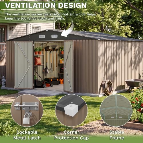 Patiowell 14x12 FT Outdoor Storage Shed, Large Metal Sheds, Brown - Image 5