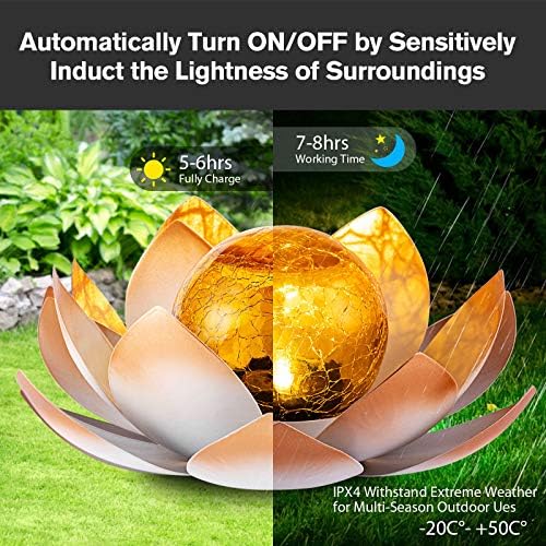 Huaxu Solar Lights Outdoor Garden Decorative Art Metal Lotus Cracked Glass Ball Waterproof Decorations for Pathway Lawn Patio Yard Ground Tabletop Gifts - Image 5