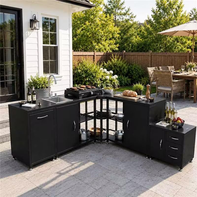 EROMMY 5-Piece Modular Outdoor Kitchen, Sink, Storage & Grill Stand, Black by EROMMY