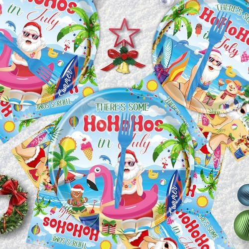 Gameza July Christmas Party Decorations Tableware, 96PCS There's Some Hohoho's in July Disposable Paper Plates and Napkins Decoration, Summer Xmas Beach Forks Decor Supplies Serves 24 - Image 5