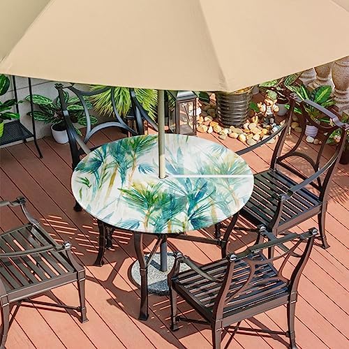 Fitted Round Tablecloth with Umbrella Hole and Zipper Tropical Trees Outdoor Elastic Table Cloth 36"-44" Oil-Proof Waterproof Abstract Tree Patio Table Cover for Picnic Party - Image 7