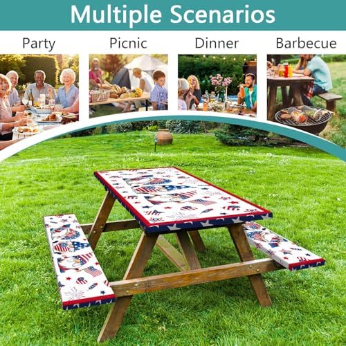 4th of July Picnic Table Cover with Bench Covers, Camping Essentials, Patriotic American Flag Gnomes Stars Table Cover Waterproof Fitted Tablecloth Cover with Elastic Edge for Outdoor 3 PCS 30x72 Inch - Image 4