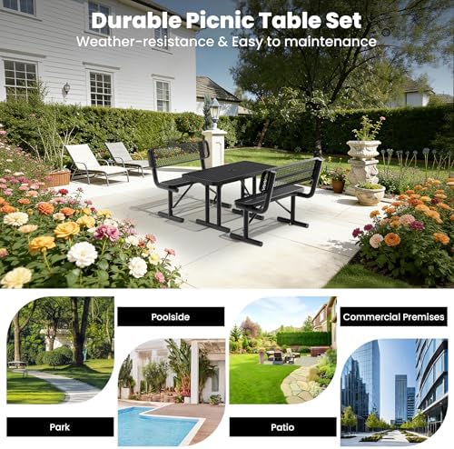 4FT Metal Picnic Tables for Outdoors, Commercial Rectangular Picnic Table for Outside, Park, Campfield, Patio, Garden, Yard, Thermoplastic Coating, Surface Mounted, Black - Image 6