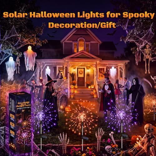 btfarm 2 Pack Solar Halloween Lights Outdoor, Orange+Purple Firework Light - Image 4