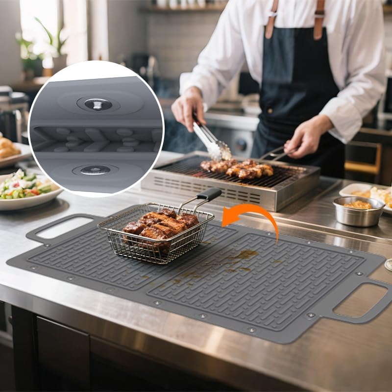 Large Silicone Grill Mat, Heat Resistant Non-Slip BBQ Mat, Foldable Grill Side Shelf Pad with Snap Buttons, Food-Grade, Convertible Storage Bag for BBQ Utensils & Accessories, Gray - Image 2