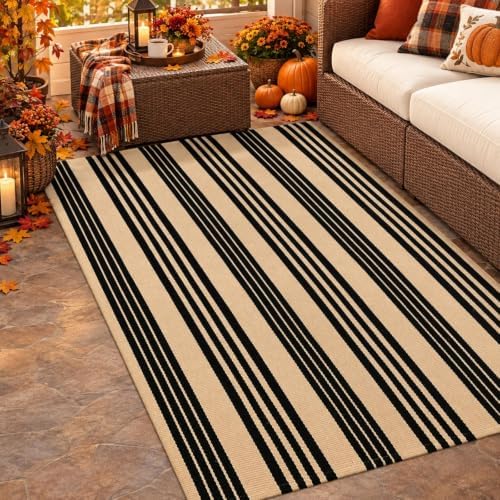 Striped Fall Outdoor Rug 4x6ft, Washable Cotton Hand Woven Patio Rug - Image 6