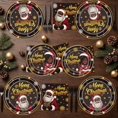 African American Christmas Party Plates Napkins Decorations 96pc - Image 5