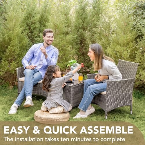 Devoko 3 Piece Patio Furniture Set Outdoor Wicker Conversation (Pale Grey) - Image 5