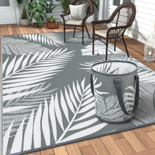 GENIMO Outdoor Rug 6' x 9' Waterproof for Patios Clearance, Reversible Plastic Straw Camping Carpet with Round Storage Bag, Large Area Rugs and Mats for RVs,Garden, Beach, Gray & White by GENIMO