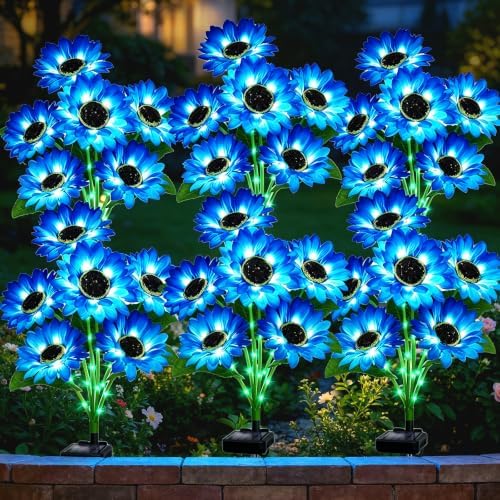 Solar Sunflower Lights Outdoor Garden Decor, 6 Pack Solar Blue Flowers Lights with 36 Sunflowers, Waterproof Fall Decor Stake Decorative Light Auto ON/Off for Garden Yard Patio, Gift for Women by stadeco