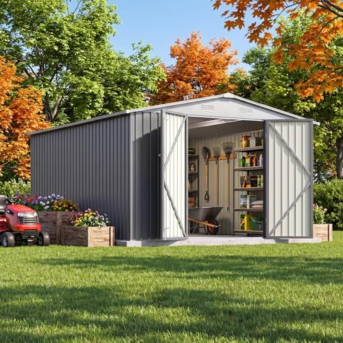 JUMMICO 10x12 FT Outdoor Storage Shed, Heavy Duty Metal Shed with Lockable Door&Slooping Roof, Tool Shed for Garden Backyard Patio(Gray) by JUMMICO