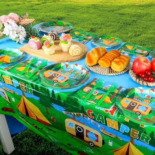 OBUSATT 100PCS Happy Camper Adventure Party Decorations Tableware Set - Disposable Plates, Napkins for Camping Theme Birthday - Serves 25 Guests - Image 5