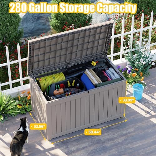 280 Gallon Outdoor Deck Box, Lockable Waterproof Outdoor Storage Boxes For Garden Tools,Indoor Cushions,Accessories Outside Storage Resin Weatherproof Container(Grey) - Image 2