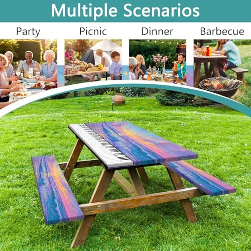 Piano Keyboard Picnic Table Cover with Bench Covers, Camping Essentials, Beach Seaside Sunset Purple Waterproof Windproof, Fitted Tablecloth Cover with Elastic Edge for Outdoor Garden 3 PCS 30x96 Inch - Image 3
