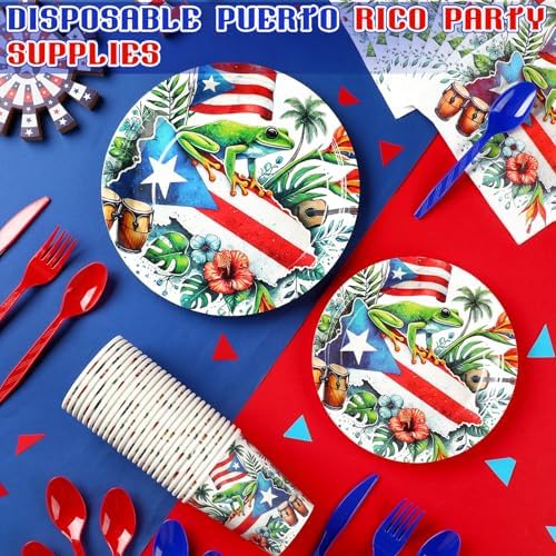 FoldTier 560 Pcs Puerto Rico Party Supplies Disposable Paper Plates Napkins Cups Puerto Rico Theme Birthday Party Decorations Tableware Flag Frog for Holiday Festival Family Serve 80 Guests - Image 2
