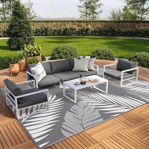 GENIMO Outdoor Rug, Waterproof Plastic Rugs 10'x14' for Camping Grey White - Image 4