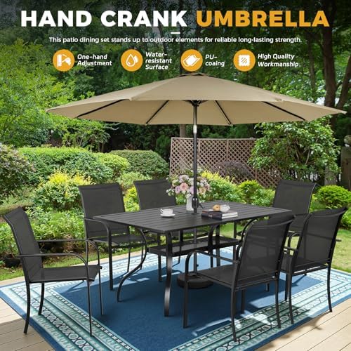 Incbruce 7 Pcs Patio Dining Set, Textilene Chairs and Rectangle Table with Brown Umbrella (Black) - Image 6