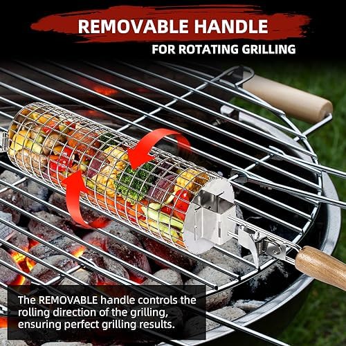 Rolling Grill Basket, SUS304 Stainless Steel, Removable Wooden Handle, Round Cylinder BBQ Grilling Basket, Outdoor Cooking Griller, Smoker Accessories for Vegetable, Gifts for Men Dad - Image 4