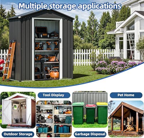 JY QAQA 5x3 FT Metal Outdoor Garden Storage Shed,Waterproof Metal Garden Sheds with Window and Lockable Double Door,Weather Resistant Steel Tool Storage House Shed forPatio,Lawn (Gray) - Image 4