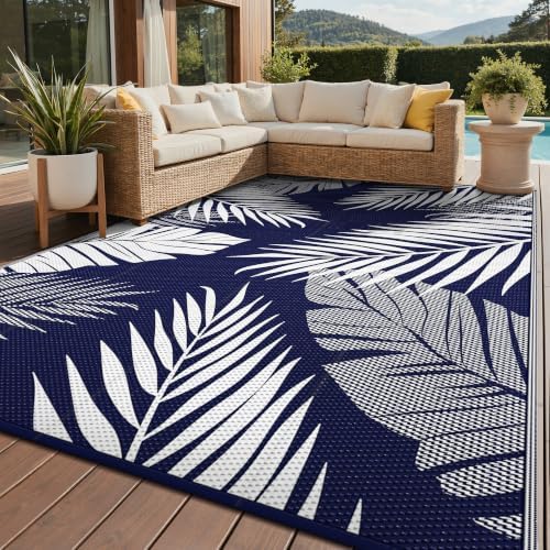 GENIMO Outdoor Rug, Waterproof Plastic Rugs for Patio, 9'x12' Blue White by GENIMO