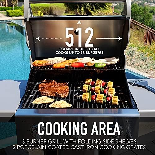 Permasteel 3-Burner Propane Gas Grill, 30,000 BTUs BBQ Grill with Cast Iron Grates, Foldable Side Tables & Tool Hooks, Outdoor Grill, Mocha - Image 5