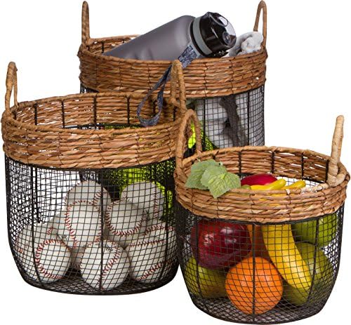 Trademark Innovations Oval Wire Tall Garden Home Decor Baskets with Wicker and Handles - Set of 3 by Trademark+Innovations