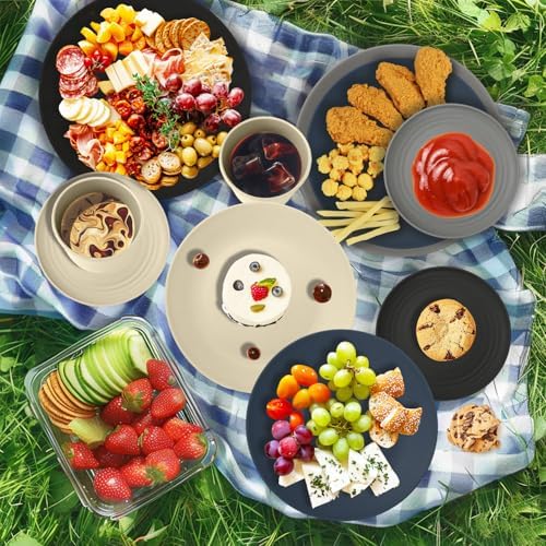 Wrova 40Pack plates and bowls sets for dinner - Unbreakable wheat straw dinnerware sets service for 8 - Alternative plastic 40pcs dish sets for camping,picnic and R.V. - (Black & Grey) - Image 6