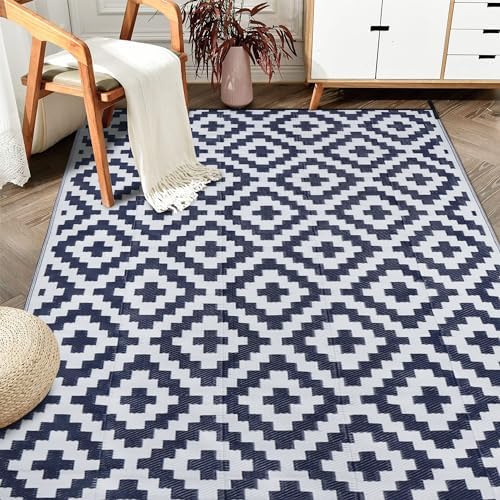 SAND MINE Reversible Mats, Plastic Straw Rug, Modern Area Rug, Large Floor Mat and Rug for Outdoors, RV, Patio, Backyard, Deck, Picnic, Beach, Trailer, Camping, Dark Blue & White, 6' x 9' by SANDMIND