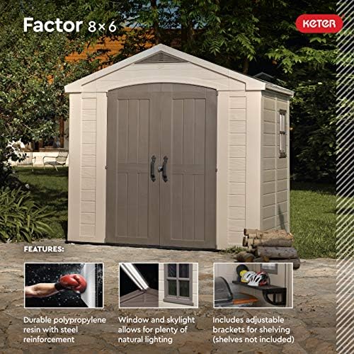 Keter Factor (8x6 ft) Large Resin Outdoor Storage Shed for Patio Furniture, Lawn Mower, Garden Accessories Yard Tools, and Pool Toys, Taupe - Image 5