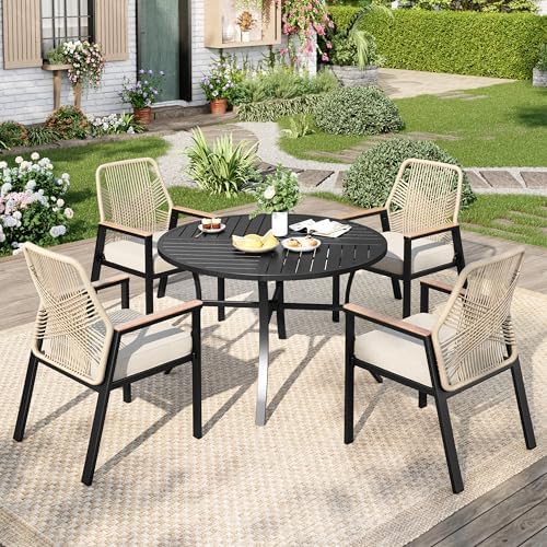 MIXPATIO Patio Round Table w/Umbrella Hole, Metal Table for 4, Black - Image 2