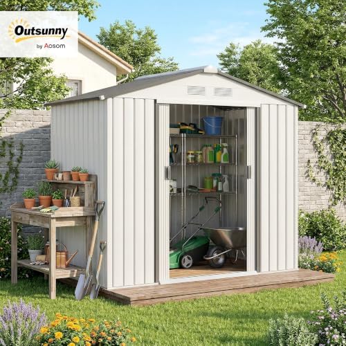 Outsunny 7' x 4' Outdoor Storage Shed Garden Tool Metal Shed White - Image 2