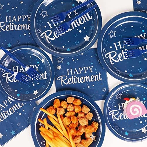 96Pcs Retirement Plates and Napkins Happy Retirement Party Decorations Blue Retirement Plates Party Supplies Royal Navy Blue Disposable Paper Cake Dessert Plate for Men Woman Serves 24 Guests - Image 5