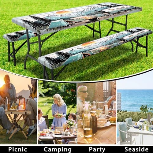 Picnic Table Cover with Bench Covers and Bag, Wooden Camper Waterproof Windproof, Fitted Tablecloth Cover with Elastic Edge, for Indoor & Outdoor, Garden, Camping, 3 Pieces Set, 30x96 Inch - Image 5