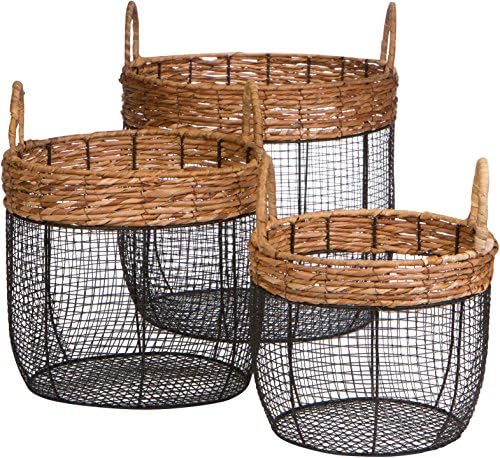 Trademark Innovations Oval Wire Tall Garden Home Decor Baskets with Wicker and Handles - Set of 3 - Image 2