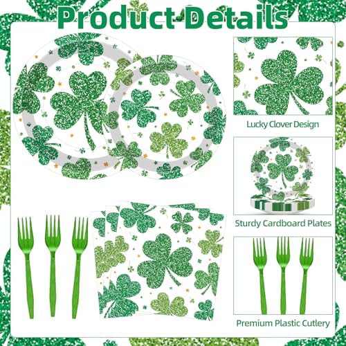 100 Pcs St. Patrick’s Day Shamrock Tableware Party Supplies Set, Serves 25 – Disposable Green Clover Paper Plates, Napkins, and Forks for Irish Celebration, Lucky Party, or Spring Festival Decorations - Image 3