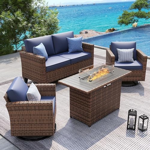 UDPATIO 5 Pieces Patio Furniture Set with Fire Pit Table, Outdoor Conversation Set with Rocking Swivel Chairs, Wicker Furniture Set with Waterproof Cover, 4'' Thickened Cushion, Navy by UDPATIO
