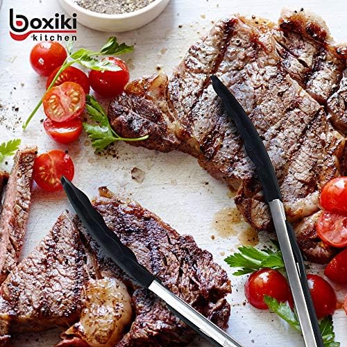 Kitchen Tongs for Cooking with Silicone Tips by Boxiki Kitchen, BPA Free Stainless Steel set of 2 Silicone Tongs for Cooking, Grilling & Toss a Salad, Heat Resistant Grill Tongs for Serving BBQ Food. - Image 5