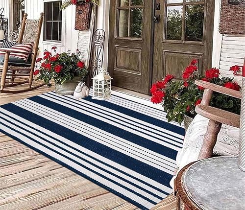 Blue and White Outdoor Rug 3'x 5'Striped Front Porch Rug Layered Door Mat - Image 6