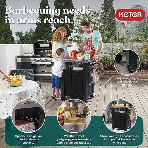 Keter Unity Small 40 Gallon Grill Prep Table and Storage Cart, Grey – BBQ Station with Wheels and Stainless Steel Top, Portable Serving Stand for Patio, Deck, and Backyard - Image 3