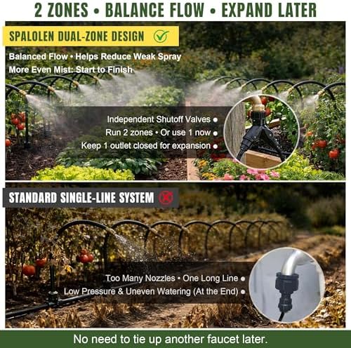 66FT Drip Irrigation System Kit Dual-Zone Garden Atomizing Watering System with 20 Copper 360° Adjustable Bendable Nozzles, Y-Splitter, Leak-Proof 1/4" Misting System for Garden Greenhouse Raised Beds - Image 3