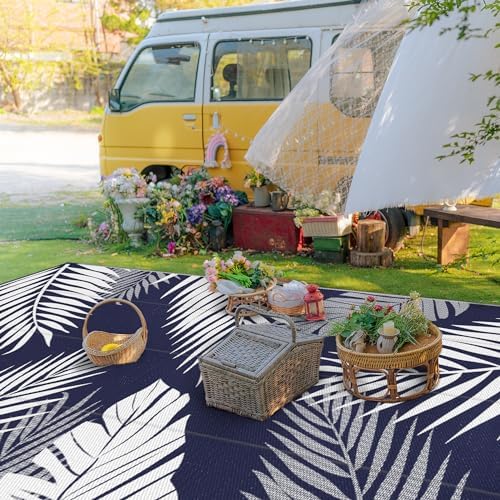 GENIMO Outdoor Rug, Waterproof Plastic Rugs 9'x18' for Camping Blue White - Image 3