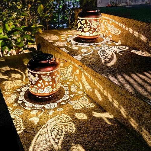 2 Pack Butterfly Outdoor Solar Hanging Lanterns Waterproof LED Solar Lights Metal Decorative Lanterns for Garden, Patio, Courtyard, Backyard, Yard Decor Unique Butterfly Gifts for Women Gardening by TIGGSY