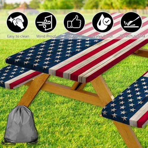 American Flag Picnic Table Cover with Bench Covers, Waterproof Windproof Oilproof, Camping Essentials, Fitted Tablecloth Cover with Elastic Edge, for Indoor & Outdoor, Garden, 3 Pieces Set, 30x72 Inch - Image 7
