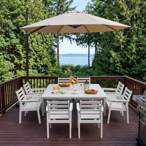 10-Piece Outdoor Dining Set, All-Weather HDPE Patio Furniture, Two 66.5" Slatted Table with 1.6" Umbrella Hole & 8 Ergonomic Armchairs, Heavy Duty 350lbs Capacity, UV Resistant, White - Image 2