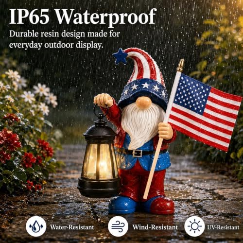 Solar Patriotic Gnome Statue: Outdoor Figurine with Lantern - Image 6